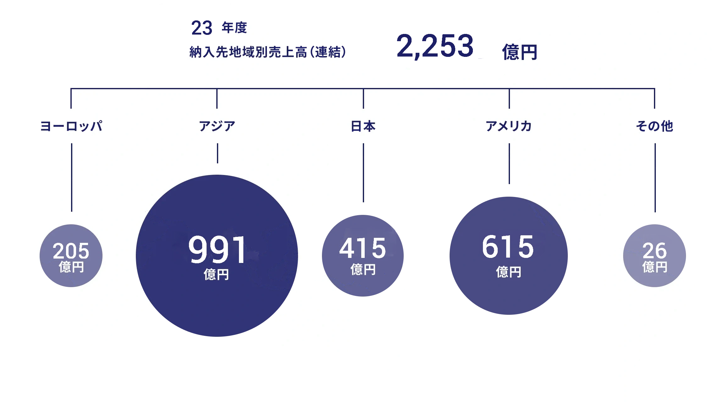 2023年度 納入先地域別売上高（連結） 2,253億円 | ヨーロッパ 205億円 | アジア 991億円 | 日本 415億円 | アメリカ 615億円 | その他 26億円